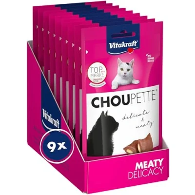 Afbeelding van Vitakraft Choupette Kattensnack met kaasvulling, vlezige snackhapjes, zonder toegevoegde suiker, in hersluitbare zak (9 x 40 g)