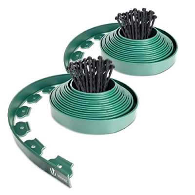 Afbeelding van VOUNOT Tuinrand van kunststof, 20 m, met 60 haringen, flexibel, gazonrand robuust, tuinidee, hoogte 50 mm, dikte 4 groen