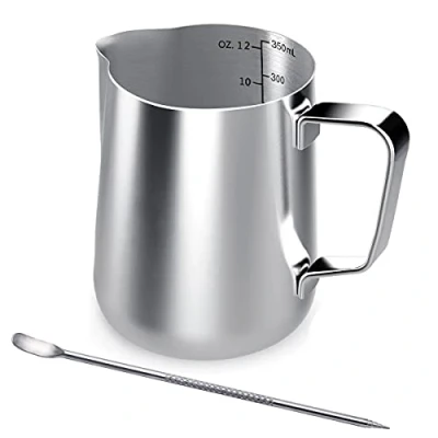 Afbeelding van Roestvrijstalen melkkan, 350 ml handheld koffiecreamer melkschuimen kruikbeker met maatmarkering en latte artpen, melkkannetkannen perfect voor barista cappuccino espresso maken
