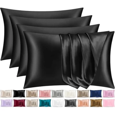 Afbeelding van Pamposh Satijnen zijden kussenslopen voor haar en huid, set van 2 standaardformaat met envelopsluiting (middernacht zwart, 4 (50 x 75 cm))