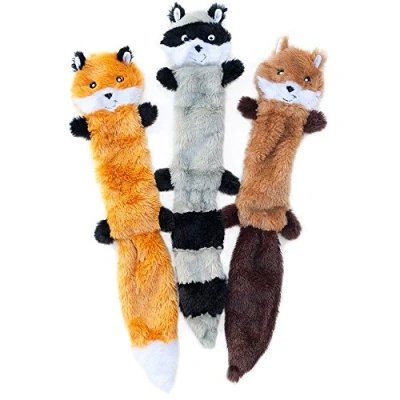 Afbeelding van ZippyPaws Skinny Peltz groot 3 pack hondenspeelgoed geen vulling pluche vos, wasbeer en eekhoorn met elk piepjes