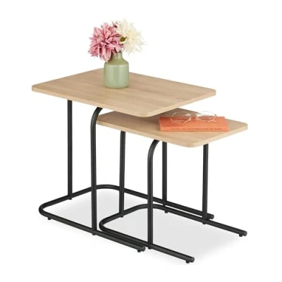 Afbeelding van salontafel set van 2 groottes hout look metalen poten lichtbruin zwart