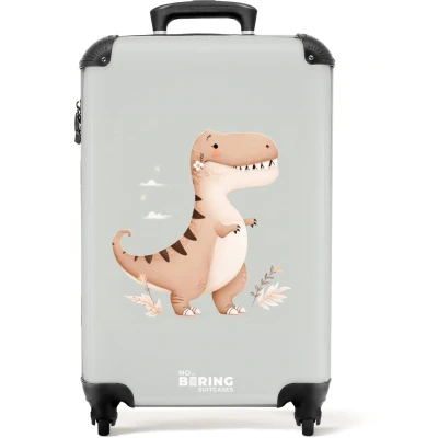 Afbeelding van NoBoringSuitcases.com® Kinderkoffer jongen Kindertrolley jongens Dino in beige en grijze kleuren Handbagage koffer lichtgewicht Reiskoffer trolley kinderen Rolkoffer met wieltjes Past binnen 55x40x20 55x35x25