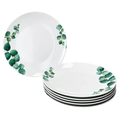 Afbeelding van MamboCat Eucalyptus Set van 6 platte borden, Ø 27 cm, witte porseleinen eetborden voor personen met groene plantendecoratie, grote borden ontbijt, lunch, koffie en avondbrood