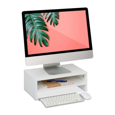 Afbeelding van Relaxdays monitorstandaard met opbergruimte, voor bureau, HBD: ca. 14 x 40 23,5 cm, beeldscherm verhoger, wit