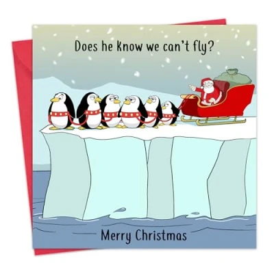 Afbeelding van Twizler Grappige kerstkaart slee pinguïns Merry Christmas Cards Funny Xmas Card Heren voor hem man vader zoon Womens haar vrouw moeder dochter