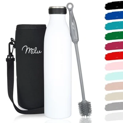 Afbeelding van Milu Roestvrij stalen drinkfles 350ml 500ml 750ml 1L 1,5L Thermosfles, Geïsoleerde Waterfles, Lekvrije Fles Dubbelwandig Koolzuurhoudend incl. Schoonmaakborstel (wit, 1L)