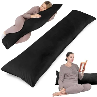 Afbeelding van Zijslaper kussen met hoes Velvet katoen 40 x 145 cm comfortkussen slaapkussen lichaamskussen zijslaapkussen Black