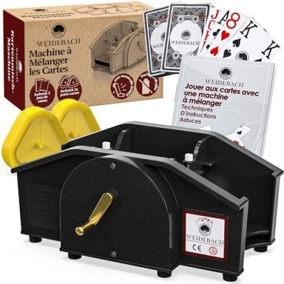 Afbeelding van Weidebach® Zwarte kaartenschudmachine met gouden zwengel voor alle standaard kaartspellen, kaartenschudder 2 x kaartspellen en reservezwengel, kaartenschudapparaat boek, leuke
