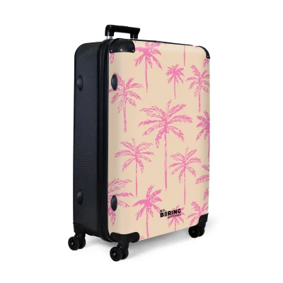 Afbeelding van NoBoringSuitcases.com® Koffer groot Reiskoffer lichtgewicht Beige met roze palmbomen Rolkoffer 4 wielen Grote trolley XL 98 liter bagage