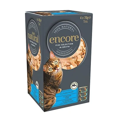Afbeelding van Encore 100% natuurlijk premium natvoer voor katten, keuze uit vissen in bouillon, verpakking met 4 x 70 g blikjes
