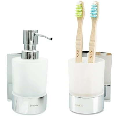 Afbeelding van Dolvhin® Zeepdispenser en Tandenborstelset matglazen Handzeepdispenser &amp; Tandenborstel houder set roestvrijstalen mok zonder boren Zelfklevende Pompdispenser Gepolijst chroom