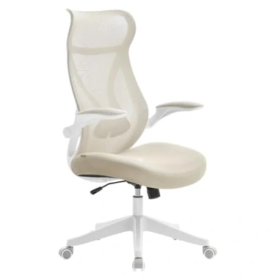 Afbeelding van SONGMICS bureaustoel, ergonomische rugleuning, in hoogte verstelbaar, opklapbare armleuningen, draaistoel met hoofdsteun, draagvermogen tot 150 kg, cappuccino beige OBN088K01