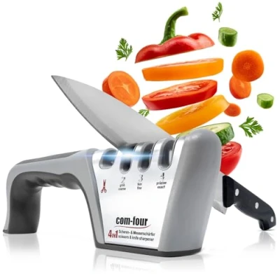 Afbeelding van COM FOUR® Premium messenslijper met 4 niveaus, ook geschikt voor scharen professionele handmatige praktisch handvat en antisliplaag (1 stuk zilverkleurig. Grijs. zwart)