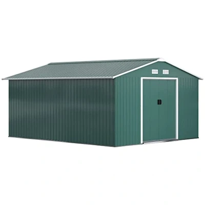 Afbeelding van Outsunny Gerätehaus 12,4 m², Gartenhaus mit Pultdach, Schiebetür, Fundament, 340 x 386 200 cm, Geräteschuppen aus Verzinkter Stahl, wetterfest, für Garten, Dunkelgrün