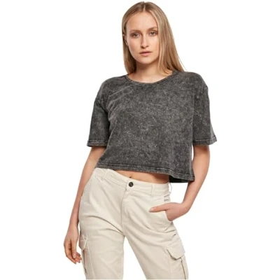 Afbeelding van KiarenzaFD Build Your Brand Dames Acid Washed Cropped Tee T shirt met korte mouwen, donkergrijs wit, S