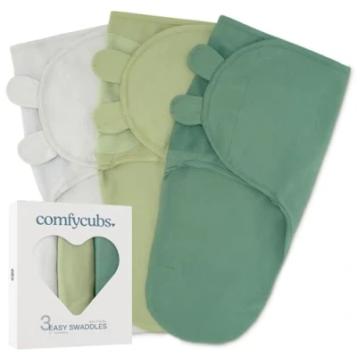 Afbeelding van Comfy Cubs Babydeken, inbakerdeken 0 3 maanden, Newborn Essentials, Baby Sleep Sack Wrap, 100% ademend katoen, Boy Girl, verstelbaar pack (steen, salie, azul, Klein Medium)