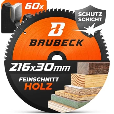 Afbeelding van BAUBECK zaagblad van 216 x 30 mm, voor hout, fijne zaagsnede, cirkelzaagblad 216, compatibel met Metabo KGS Bosch GCM 8 en nog veel meer.