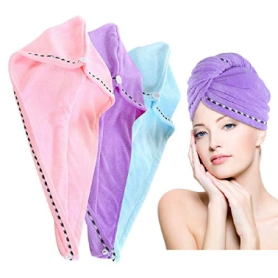 Afbeelding van DIWUJI 3 Wrap Turban haardroogdoek, microvezel handdoeken, absorberend haardrogende doek, handdoek, hoofddoek, sneldrogend, absorberend, katoen voor meisjes vrouwen kinderen (paars, blauw, roze)