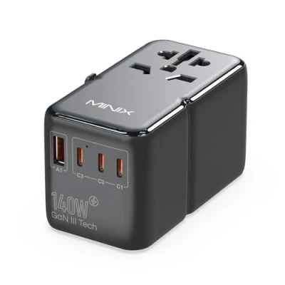 Afbeelding van MINIX TP140 universele reisadapter, 140 W GaN III internationale voedingsadapter, 3 USB C 1 A poorten, AC uitgang, wereldwijde US/UK/EU/AU reislader voor laptops, tablets, telefoons en meer.