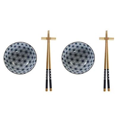 Afbeelding van 6 delige sushi serveer set aardewerk voor 2 personen blauw/wit Bordjes