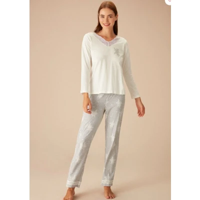 Afbeelding van Suwen Dames 2 Delige Pyjama Luxe Pyjamaset Nachtkleding Homewear Grijs/Wit Maat XL