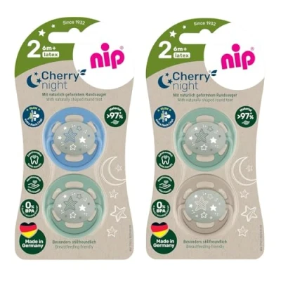Afbeelding van NIP Cherry Ronde fopspeen Night maat 2, vanaf 6 maanden, Black &amp; Milky White, licht in het donker