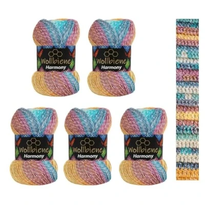Afbeelding van 5 x 100 g Wollbiene Harmony Batik 500 gram met kleurverloop, 30% katoen, meerkleurig, haakwol, het hele jaar door wol