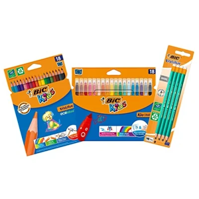 Afbeelding van BIC Back to School Kids Kleurpotloden Viltstiften en Potloden Set van 3 voor kinderen vanaf 5 jaar