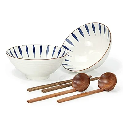 Afbeelding van Servies Ramen Bowl Keramiek Set van 2 Porseleinen Noedels Kommen Diner Sets voor Pasta Soep Pho Mengen Salade Gerechten Snack Granen Voedsel met Lepels Eetstokjes Kit 1100 Ml Nieuwe Thuis Huis