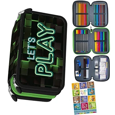 Afbeelding van Goldkids St. Right XXL Pennenetui 46 delig gevuld schooletui 3 verdiepingen 19 x 13 7 cm incl. huiswerkschrift Dark Game, Meerkleurig, etui
