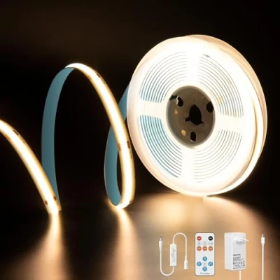 Afbeelding van PAUTIX COB LED Strip 3000K Warm wit 5M,dimbaar 24V 2400LEDs witte set met timerfunctie RF afstandsbediening en GS voeding,CRI93+ heldere onderkastverlichting voor thuis DIY decoratie