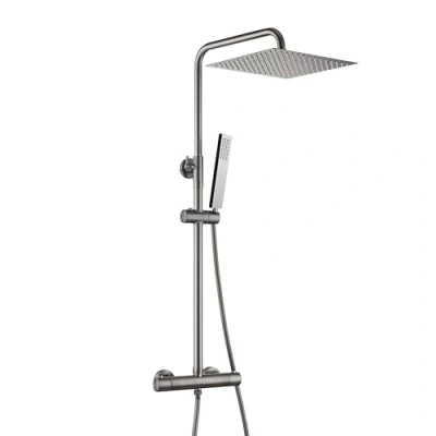 Afbeelding van Görbach Thermostaat douchesysteem met douchearmatuur, complete set, regendouche, doucheset roestvrijstalen douchestang, XXL douchekop rechthoekig, 30 x cm, gunmetal grijs