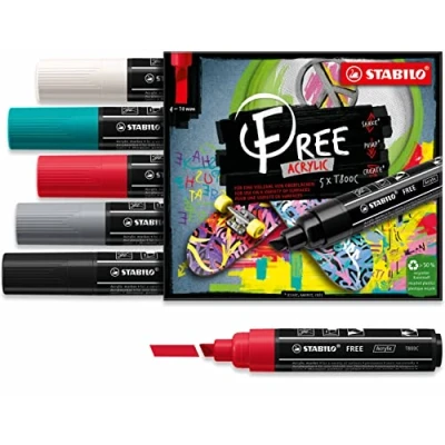Afbeelding van STABILO FREE Acryl Marker T800C Schuine Punt 4 10 mm Set Bold Met 5 Verschillende Kleuren