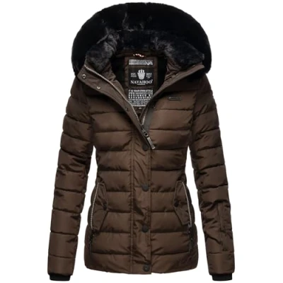 Afbeelding van Navahoo Dames winter gewatteerde jas met capuchon en bontkraag B846, Dark Choco., S
