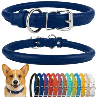 Afbeelding van CollarDirect Rolled lederen halsband, zachte gewatteerde ronde puppyhalsband, handgemaakte echt halsband hond kleine grote halsbanden zwart roze rood paars blauw (past op 15&quot; 18&quot; nek,