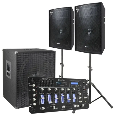 Afbeelding van SkyTec 2.1 complete DJ live set 1600 Watt met mixer en kabels