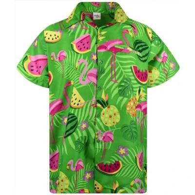 Afbeelding van King Kameha Funky Hawaïhemd voor heren, korte mouwen, voorzak, party, flamingo, meloenprints, Flamingo Melone groen, XXL
