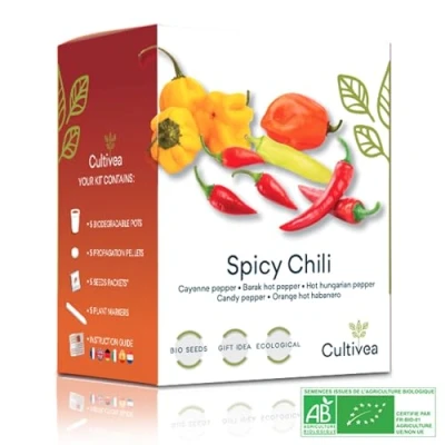 Afbeelding van Cultivea® Mini Klaar om te groeien Kit Spicy Chili 100% biologische zaden Grow, Decorate and Taste Gift Idea (Cayennepeper, Barakpeper, Hongaarse peper, Candypeper, Orange habanero peper)