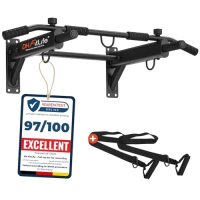 Afbeelding van DH FitLife 4 in 1 optrekstang voor wandmontage met spreidplug, multifunctionele pull up bar thuis tot 200 kg 6 antislip handgrepen 3 ogen bokszak &amp; slingtrainer veilig en stabiel
