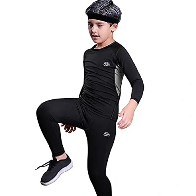 Afbeelding van MeetHoo thermo ondergoed voor kinderen, sportshirt, lange mouwen, thermische broek, voetbal, ski, fleecevoering hardlopen, Zwart, XS