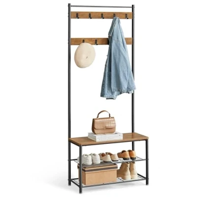 Afbeelding van VASAGLE kapstok, kledingrek met schoenenrek, schoenenrek zitje, voor in de gang, haken, 3 legplanken, van metaal, hoogte 175 cm, industrieel ontwerp, walnoot bruin zwart HSR041B41