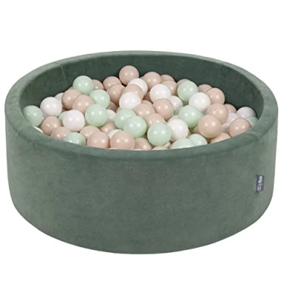 Afbeelding van KiddyMoon rond ballenbad fluwelen 90x30cm/200 ballen ∅ 7cm ballenbakken voor baby&#039;s speelbad peuters, made in eu, forest green: pastel beige/wit/minze