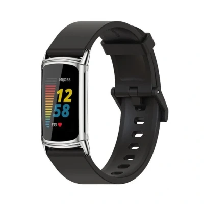 Afbeelding van FitBit Charge 5 &amp; 6 Extra soft siliconen bandje Zwart + zilveren connector