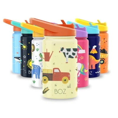 Afbeelding van BOZ Thermosfles voor kinderen, met rietje, 414 ml, lekvrije waterfles warme of koude dranken, dubbelwandig, geïsoleerd en krasbestendig motief, handvat, BPA vrij (boerderij)