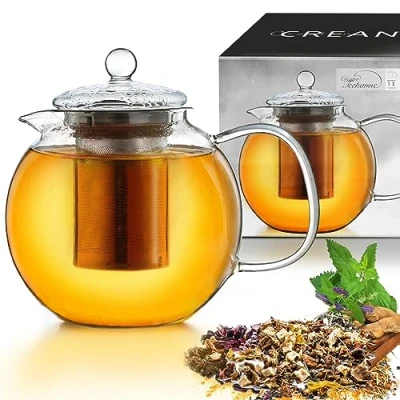 Afbeelding van Creano glazen theepot 1.7l 3 delige met geïntegreerde roestvrijstalen zeef en deksel, ideaal voor het bereiden van losse thee, druppelvrij, alles in één