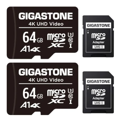 Afbeelding van Gigastone Geheugenkaart 64 GB 2 kaarten, compatibel met Gopro drone camera tablet Samsung Sony, hoge snelheid voor 4K UHD video, A1 U3 C10 Micro SDXC kaart mini hoes en SD adapter.
