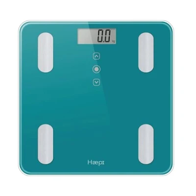 Afbeelding van Haepi Body Analyzer Volledige lichaamsanalyse: BMI, Kcal, gewicht, vetmassa, botmassa, vochtgehalte, spiermassa Modern en elegant design Maximale capaciteit van 180 kg 15 jaar garantie Inclusief batterijen Turkoois.