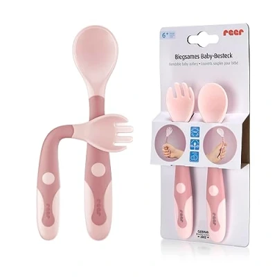 Afbeelding van Buigzame baby en kinderbestekset, 2 delig leerbestek, lepel vork, originele uitrusting, roze