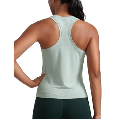 Afbeelding van CRZ YOGA Naadloze, ademende dames sporttanktops met racerback, hoge hals en mouwloze hardloopshirts Groene Palm Hof M